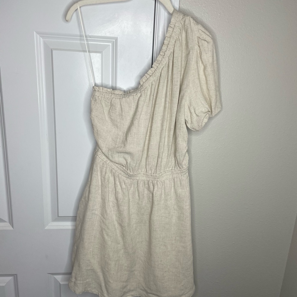 Promesa One Shoulder Linen Blend Mini Dress Cream Puff Sleeve Women’s M